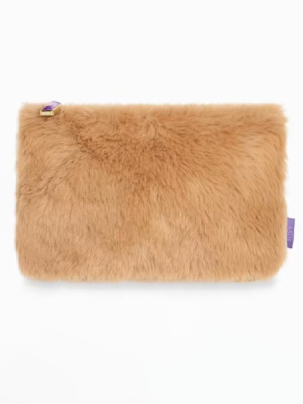 NWOT Ipsy Tan Faux Fur Makeup Bag with Purple Gemstone Zipper Pull